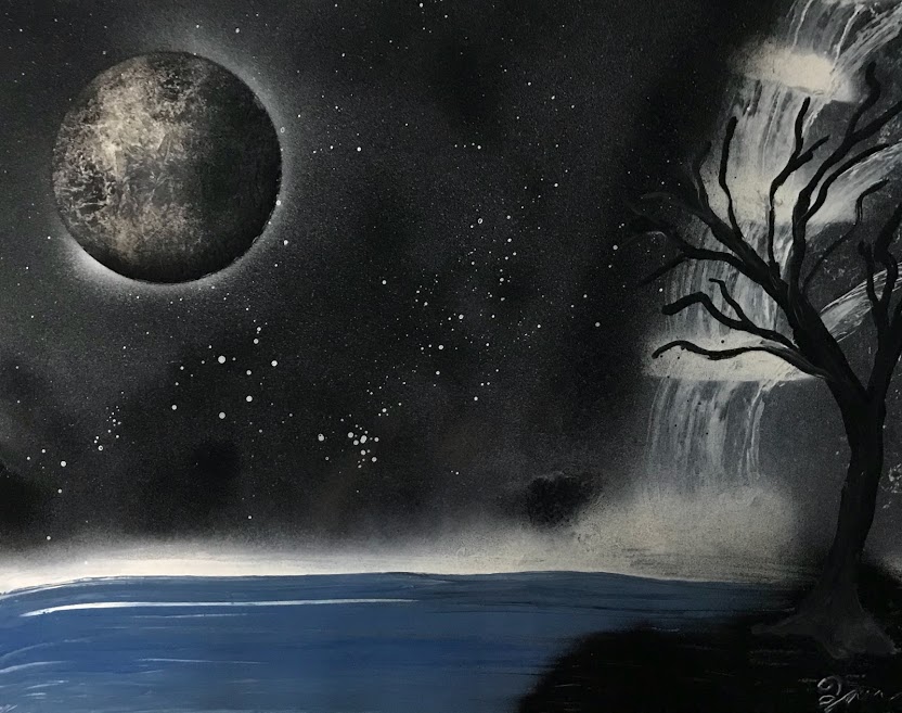 Spray Paint piece of the moon over a lake with a tree